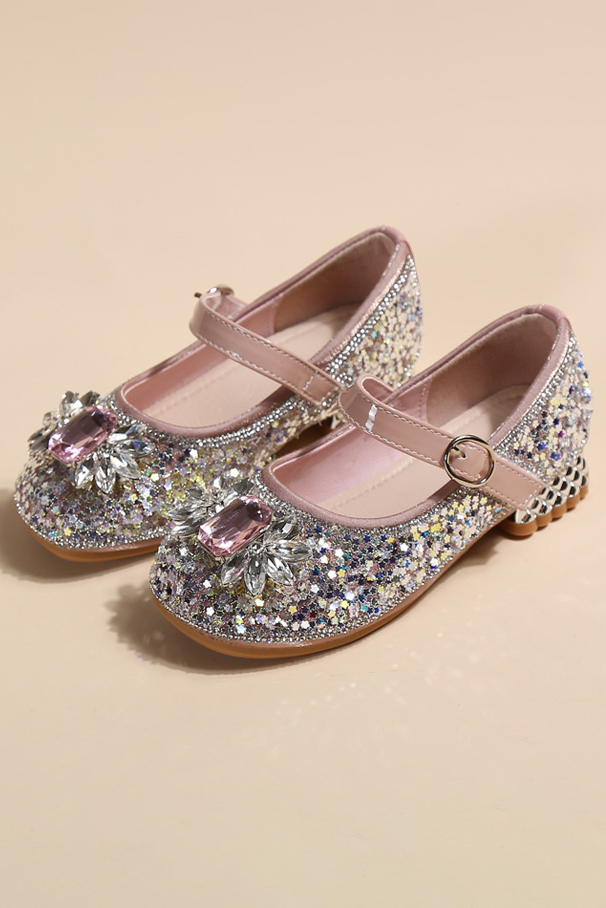 Pink Leather Magic Tape Glitter Sequin Crystal Diamond Mary Jane Princess Shoes