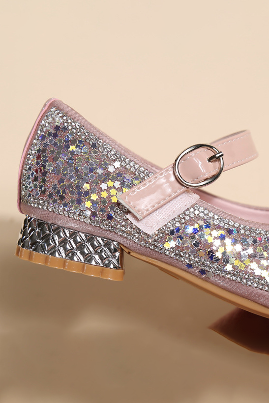 Pink Leather Magic Tape Glitter Sequin Crystal Diamond Mary Jane Princess Shoes