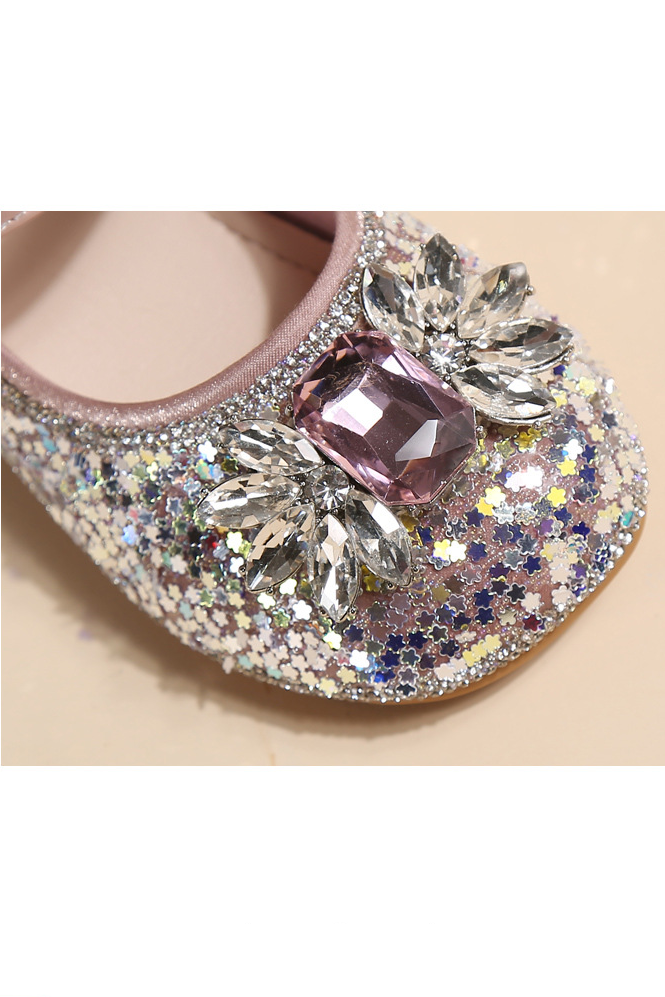 Pink Leather Magic Tape Glitter Sequin Crystal Diamond Mary Jane Princess Shoes