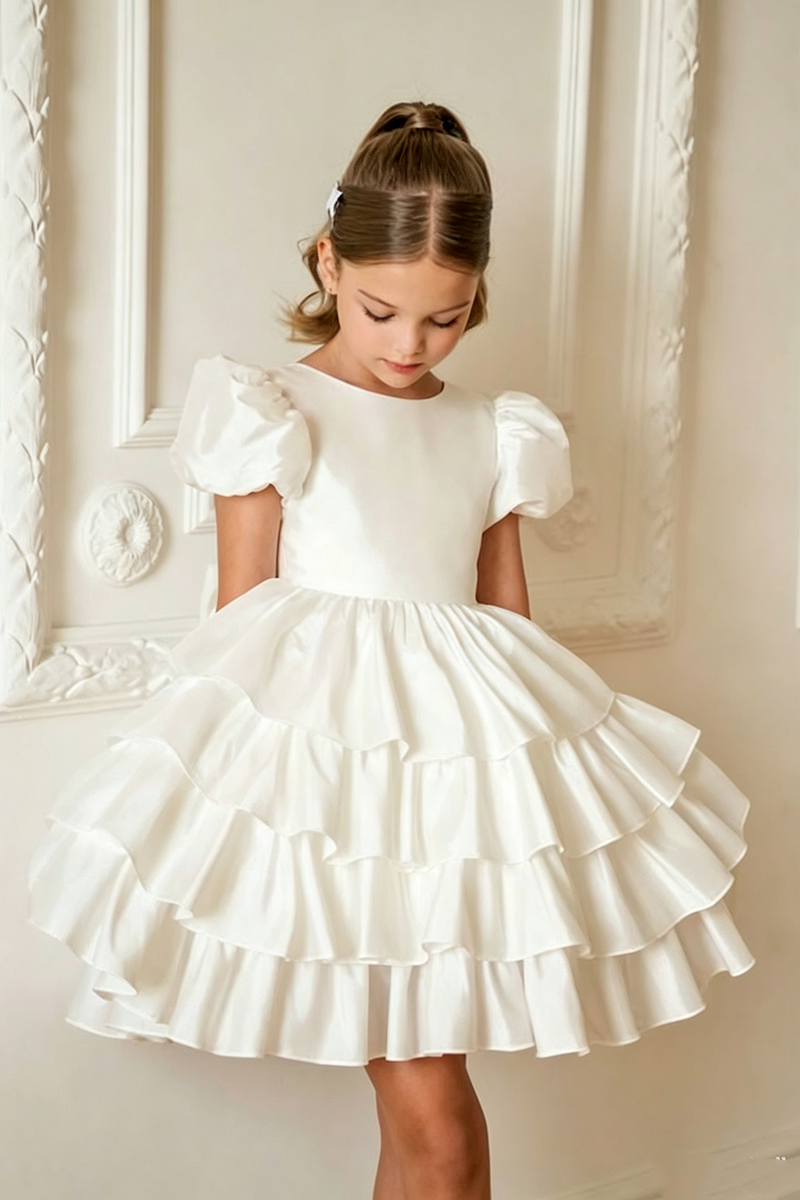 Girls Ivory Satin Puff Sleeve Tiered Ruffle Short Dress