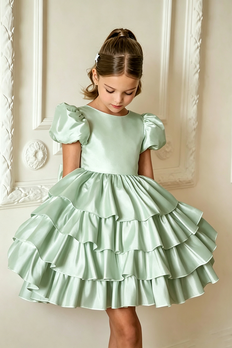 Girls Ivory Satin Puff Sleeve Tiered Ruffle Short Dress