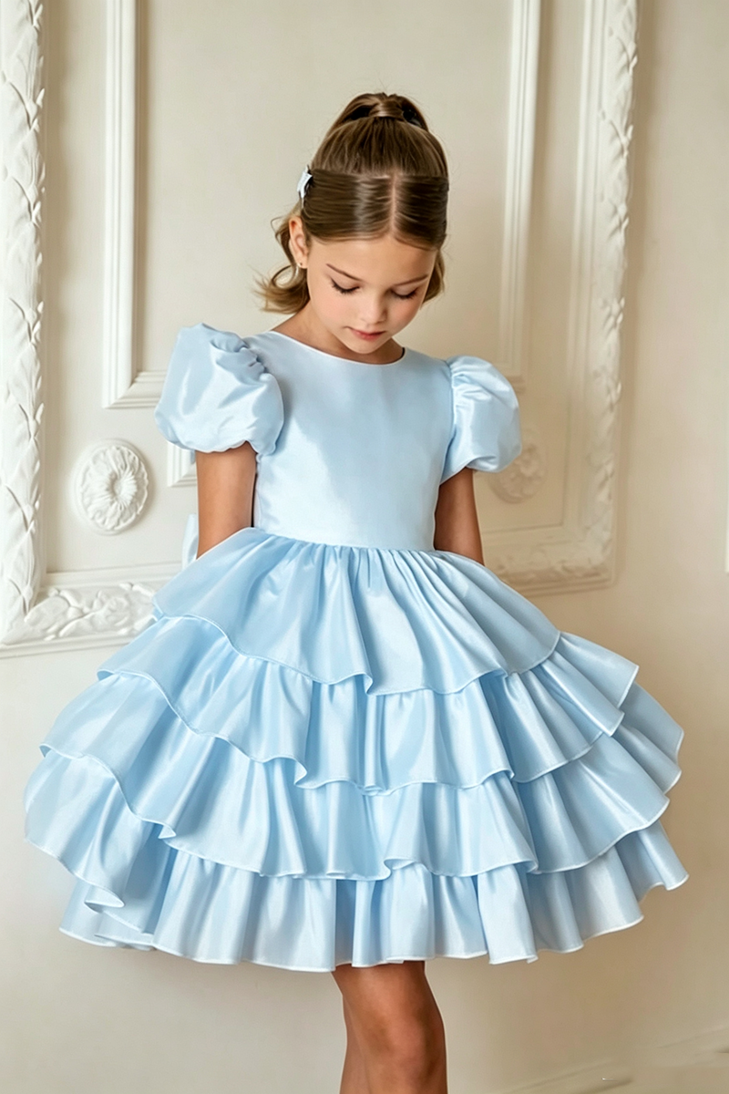 Girls Ivory Satin Puff Sleeve Tiered Ruffle Short Dress
