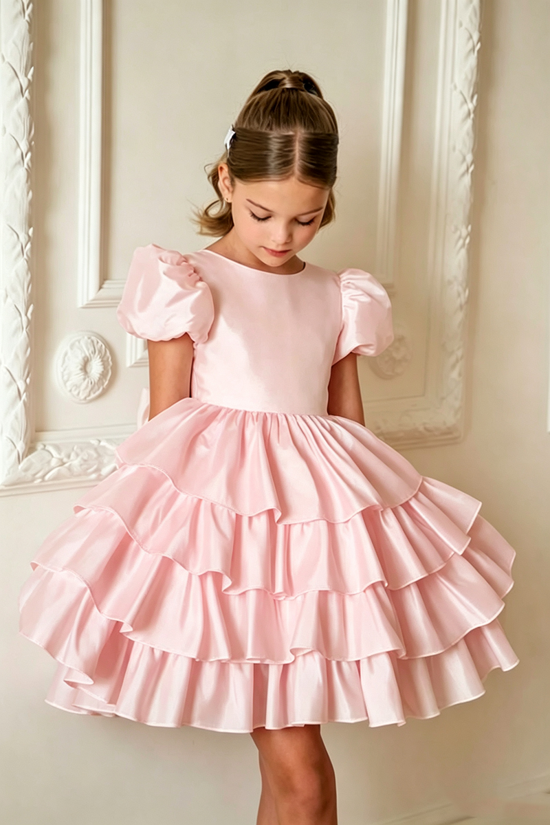 Girls Ivory Satin Puff Sleeve Tiered Ruffle Short Dress