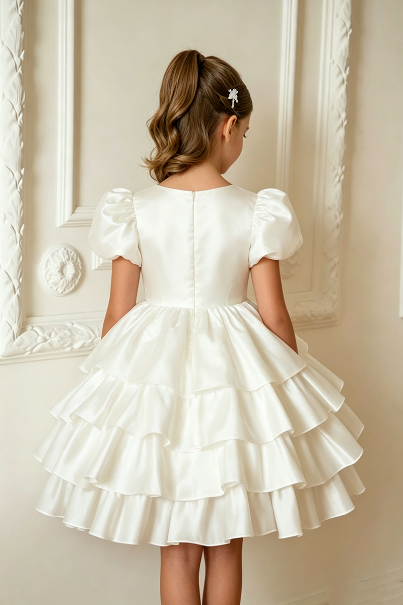 Girls Ivory Satin Puff Sleeve Tiered Ruffle Short Dress