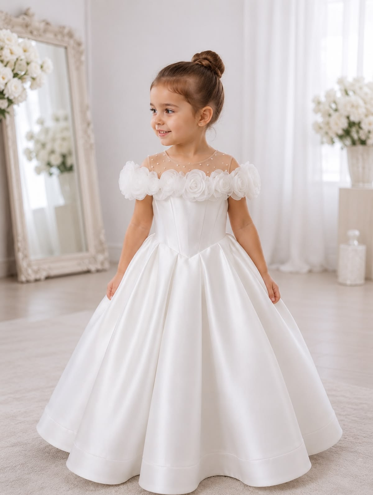 Girls White Off Shoulder Satin Ball Gown with 3D Floral Trim for Church Wedding
