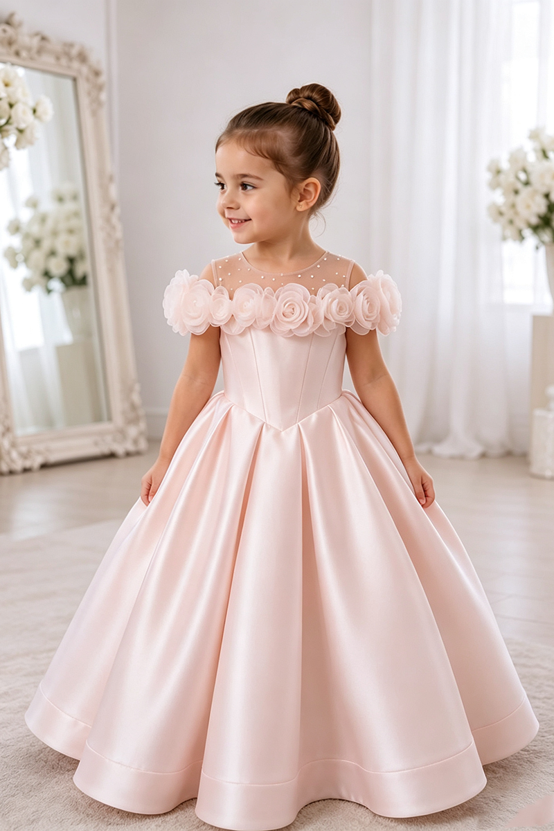 Girls White Off Shoulder Satin Ball Gown with 3D Floral Trim for Church Wedding
