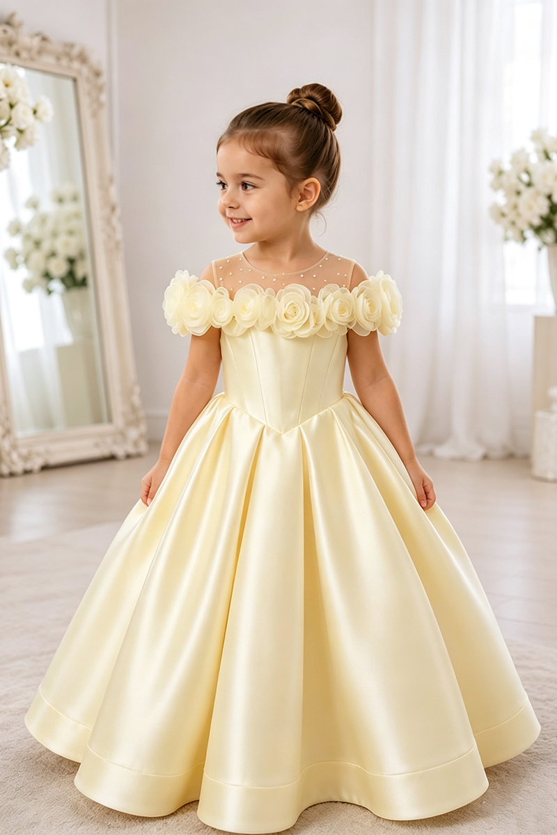 Girls White Off Shoulder Satin Ball Gown with 3D Floral Trim for Church Wedding