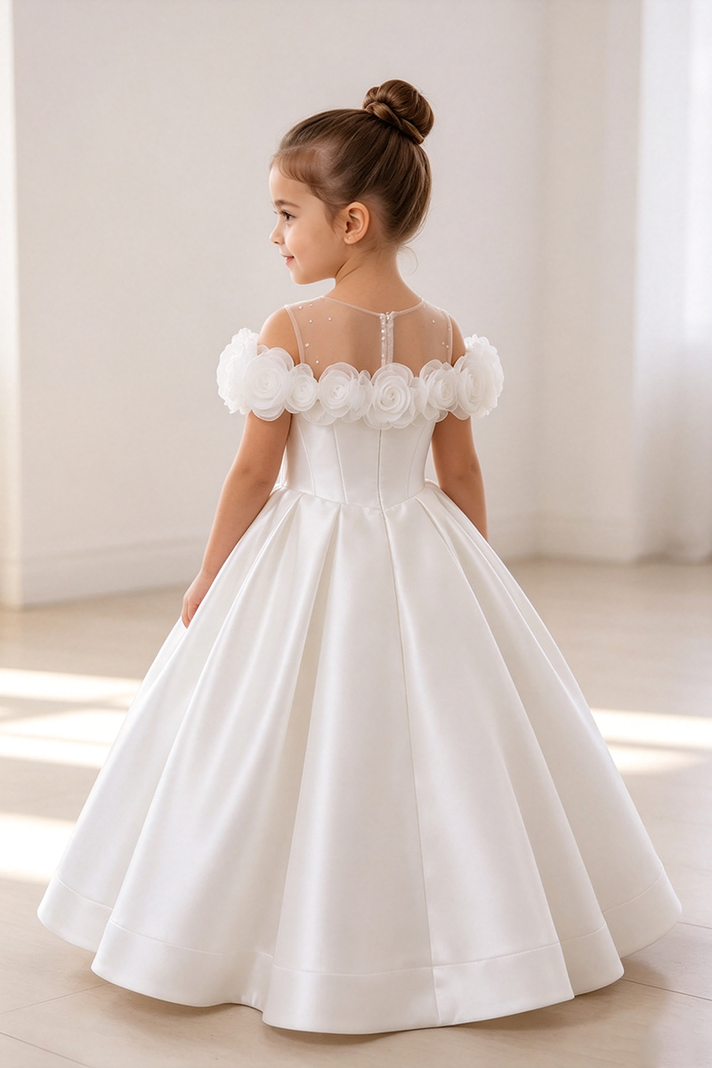 Girls White Off Shoulder Satin Ball Gown with 3D Floral Trim for Church Wedding
