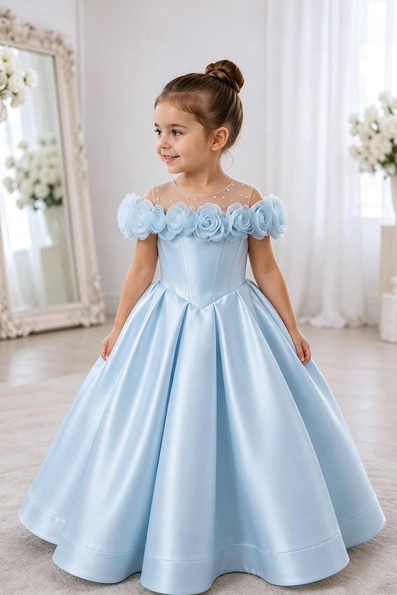 Girls White Off Shoulder Satin Ball Gown with 3D Floral Trim for Church Wedding