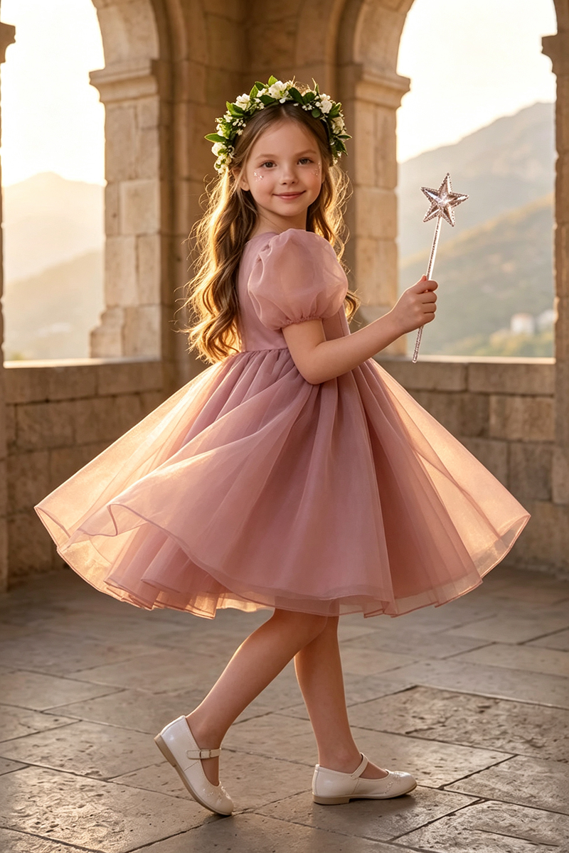 Girls Dusty Pink Sheer Tulle Puff Sleeve Midi Dress for Outdoor Garden Flower Girl Wedding