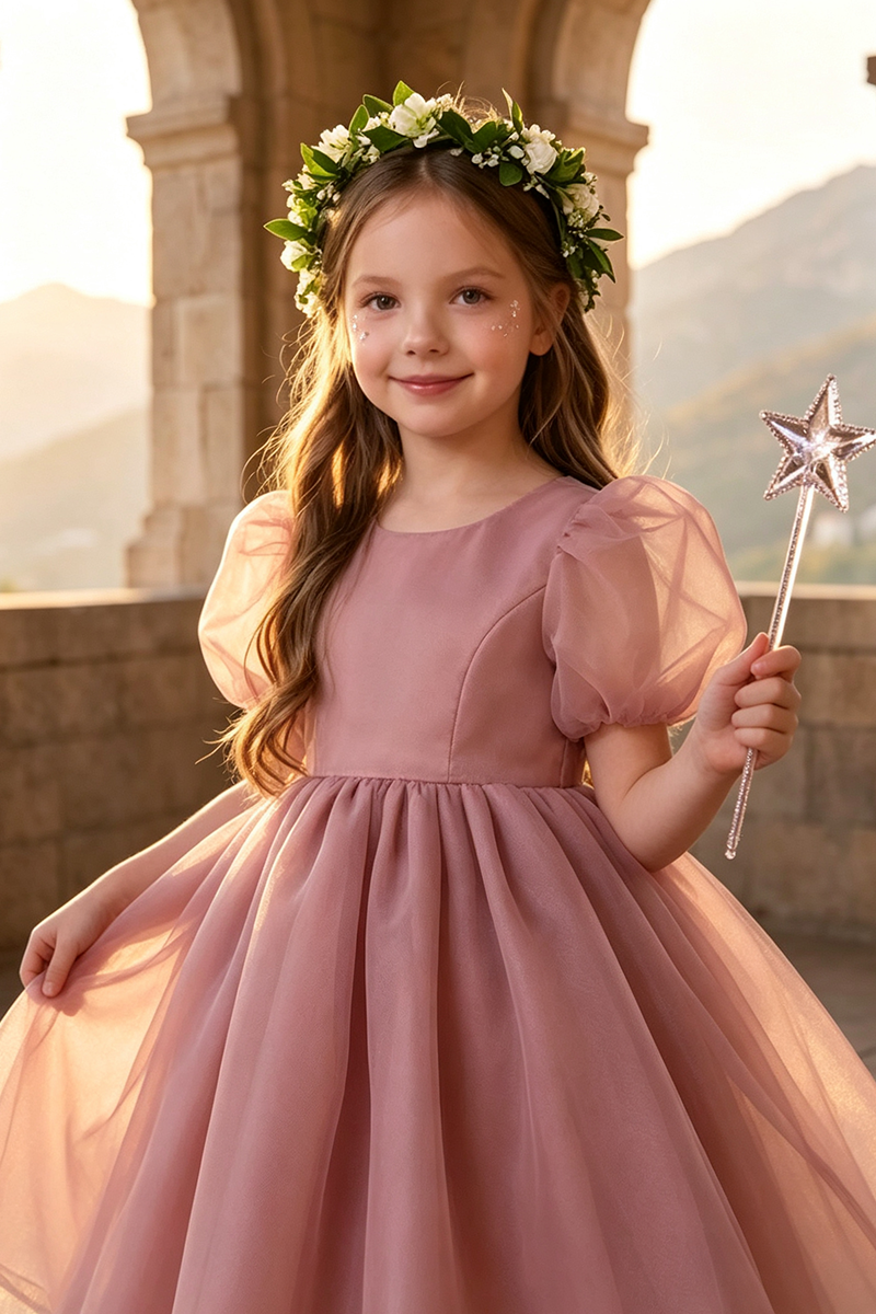 Girls Dusty Pink Sheer Tulle Puff Sleeve Midi Dress for Outdoor Garden Flower Girl Wedding