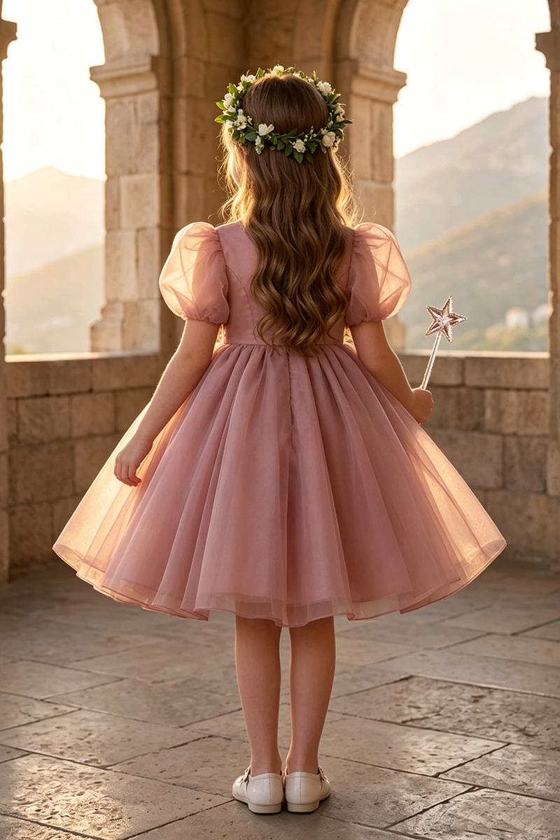 Girls Dusty Pink Sheer Tulle Puff Sleeve Midi Dress for Outdoor Garden Flower Girl Wedding