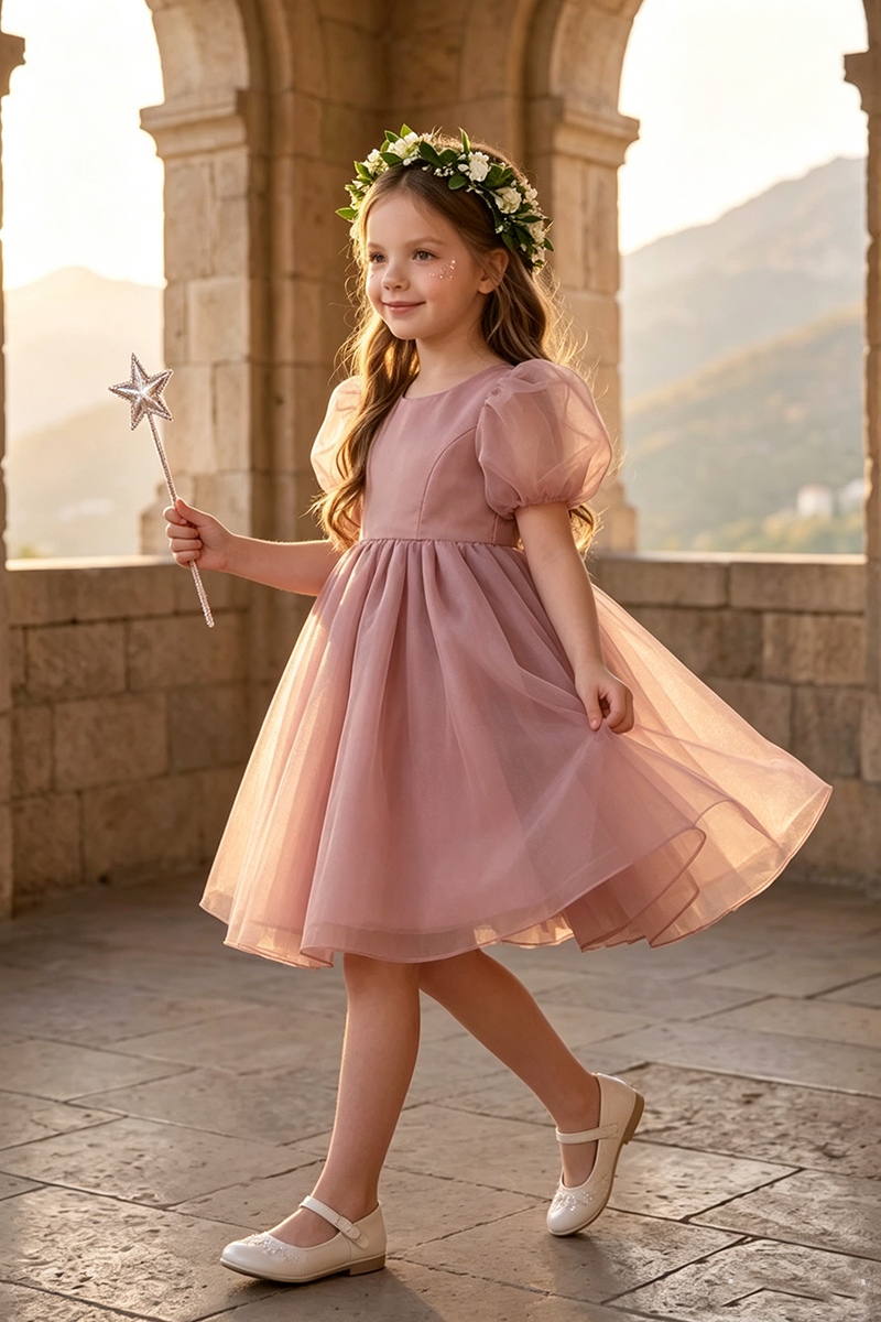 Girls Dusty Pink Sheer Tulle Puff Sleeve Midi Dress for Outdoor Garden Flower Girl Wedding