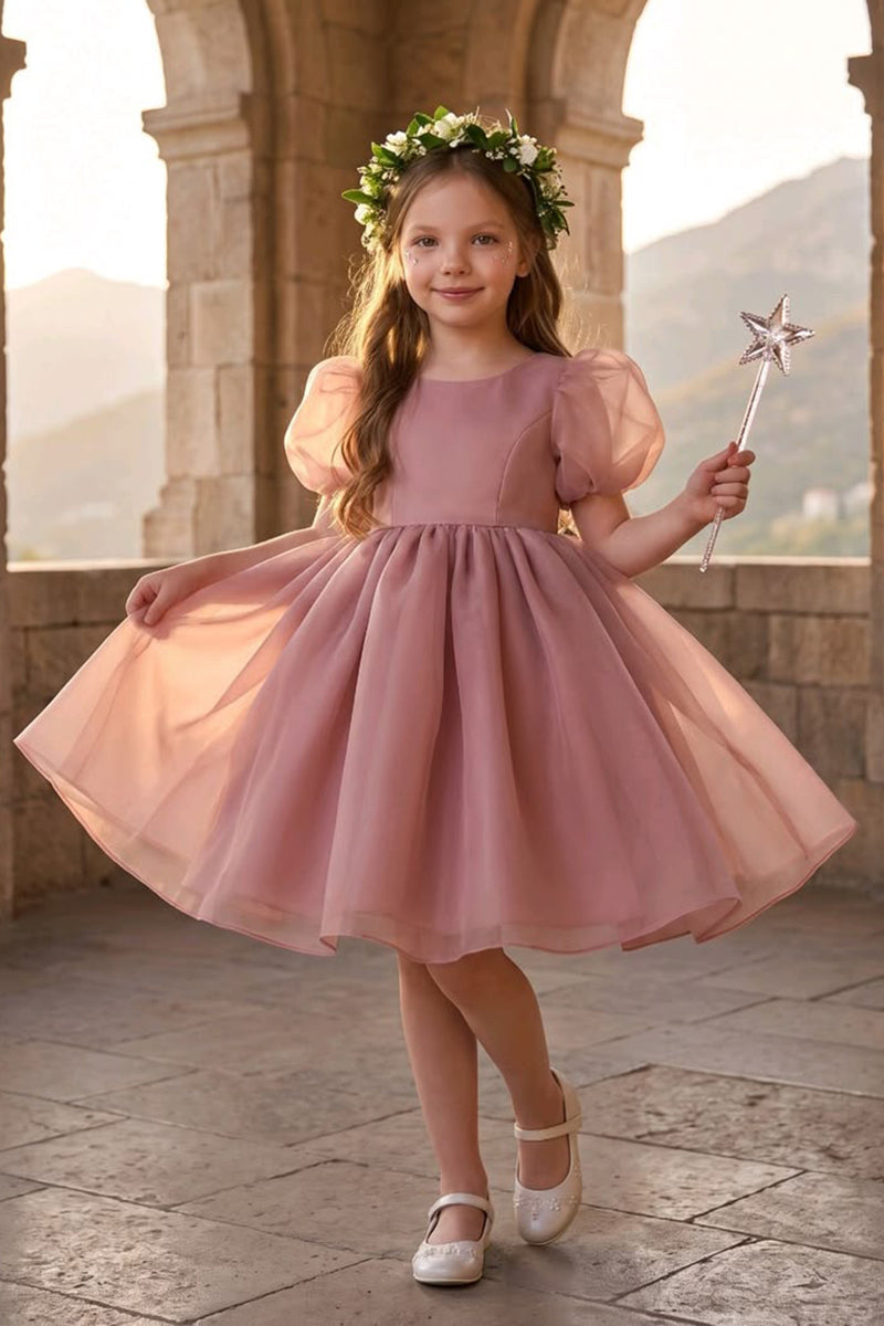 Girls Dusty Pink Sheer Tulle Puff Sleeve Midi Dress for Outdoor Garden Flower Girl Wedding