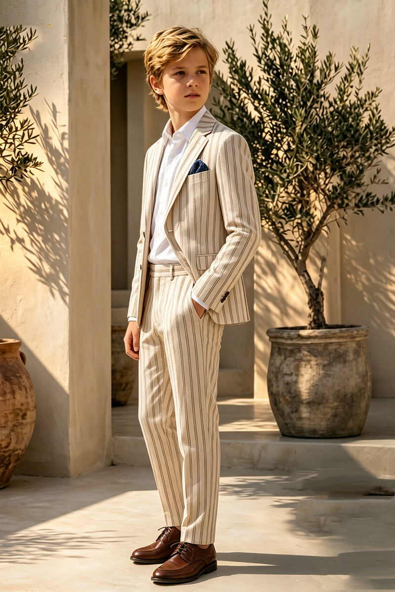 Boys Beige Vertical Stripe Linen 2-Piece Suit for Wedding