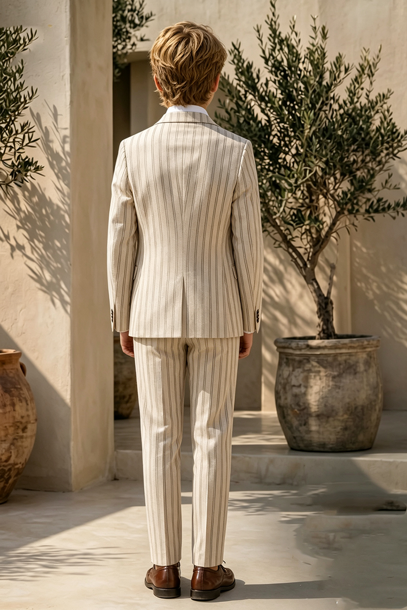 Boys Beige Vertical Stripe Linen 2-Piece Suit for Wedding