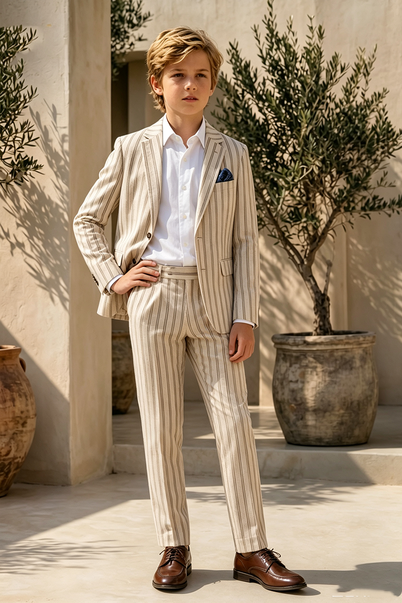 Boys Beige Vertical Stripe Linen 2-Piece Suit for Wedding