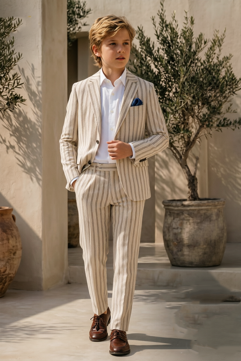 Boys Beige Vertical Stripe Linen 2-Piece Suit for Wedding