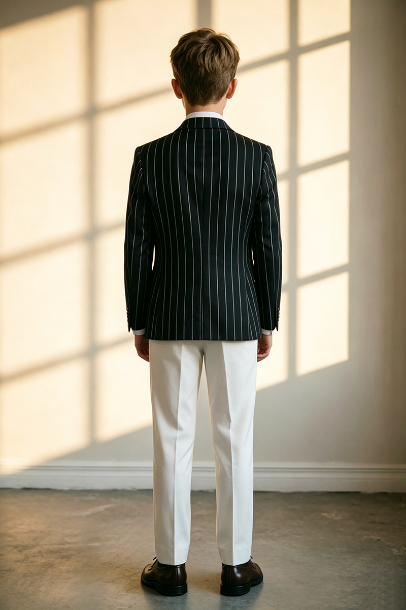 Boys Contrast Pinstripe Blazer & White Trousers 2-Piece Suit for Wedding