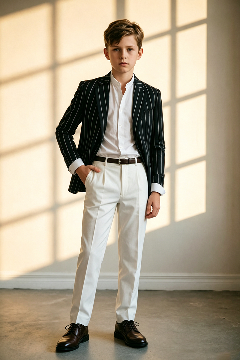 Boys Contrast Pinstripe Blazer & White Trousers 2-Piece Suit for Wedding