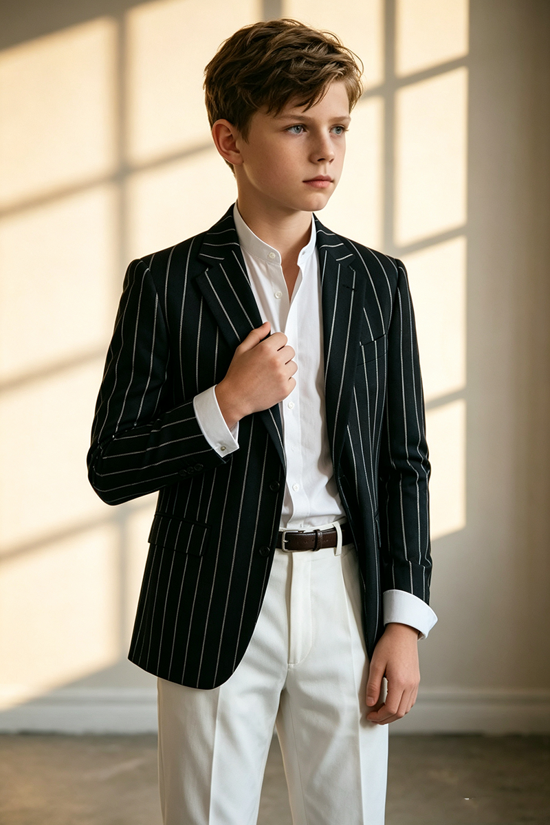 Boys Contrast Pinstripe Blazer & White Trousers 2-Piece Suit for Wedding