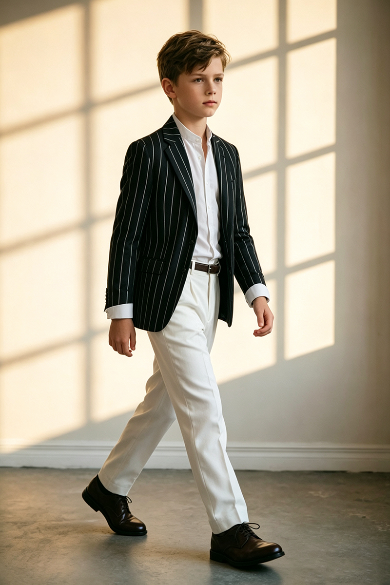 Boys Contrast Pinstripe Blazer & White Trousers 2-Piece Suit for Wedding