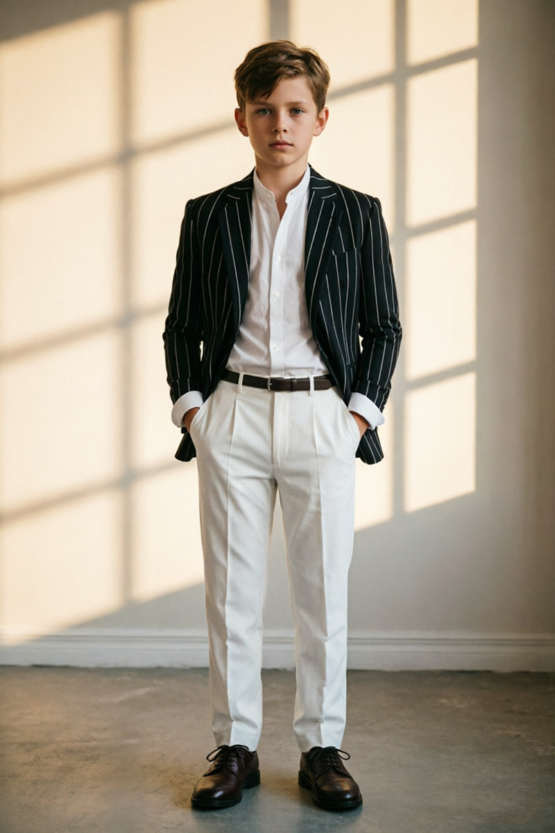 Boys Contrast Pinstripe Blazer & White Trousers 2-Piece Suit for Wedding