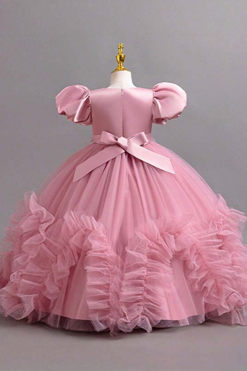 Girls Pink Puff Sleeve Sequin Embellished Tulle Ball Gown with Back Satin Bow