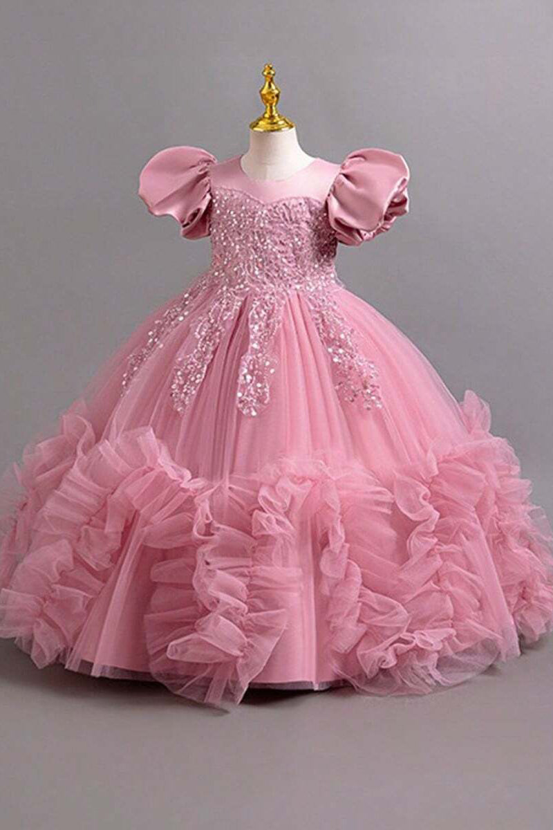 Girls Pink Puff Sleeve Sequin Embellished Tulle Ball Gown with Back Satin Bow