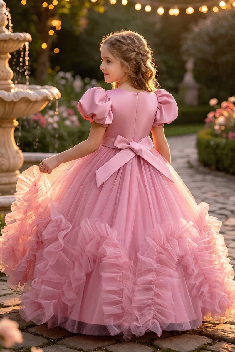 Girls Pink Puff Sleeve Sequin Embellished Tulle Ball Gown with Back Satin Bow
