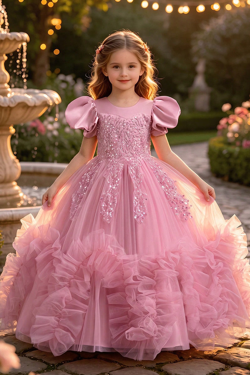 Girls Pink Puff Sleeve Sequin Embellished Tulle Ball Gown with Back Satin Bow