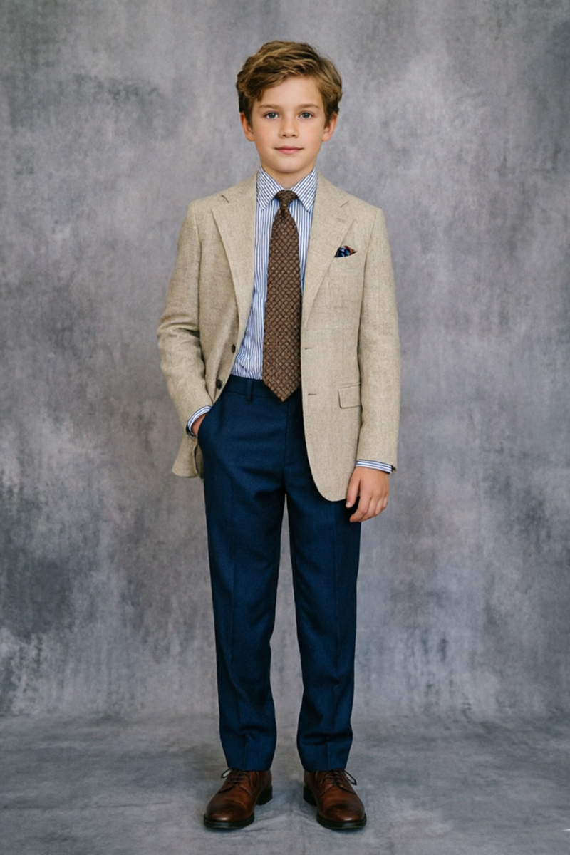 Boys Beige Linen Notch Lapel Blazer & Navy Trousers 2-Piece Suit for Wedding