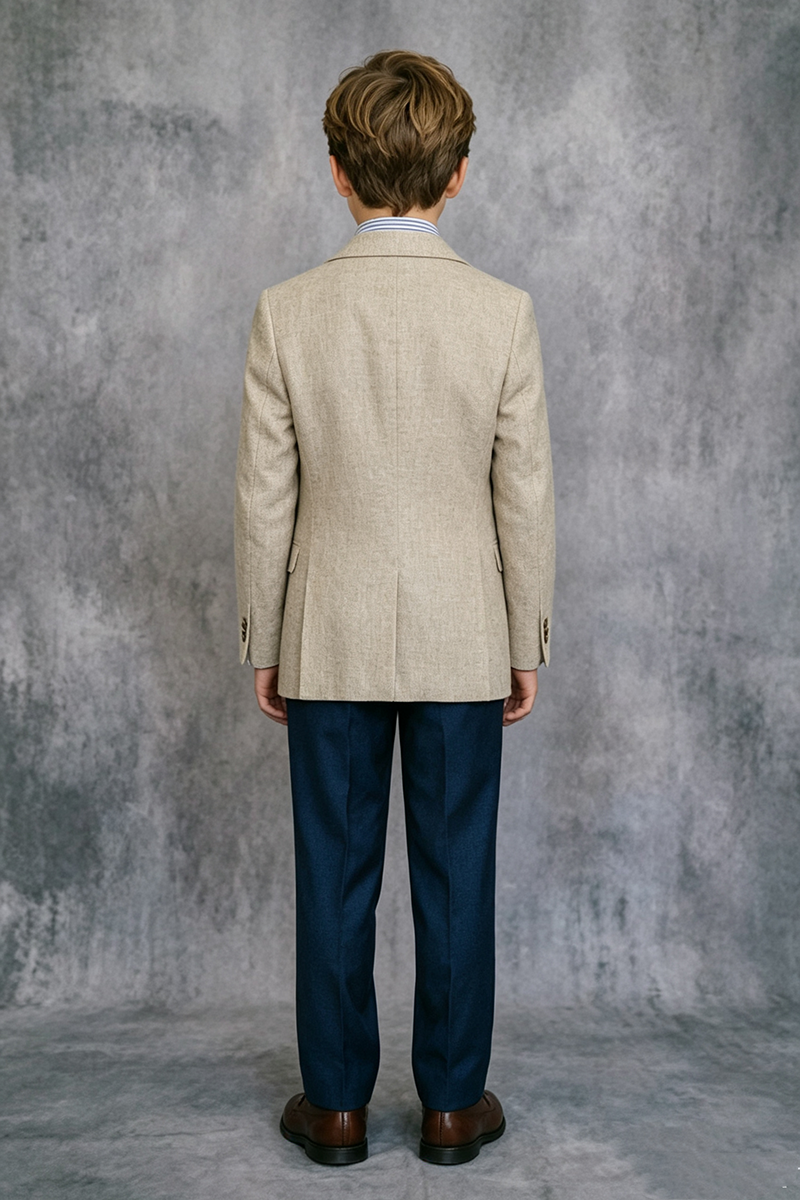 Boys Beige Linen Notch Lapel Blazer & Navy Trousers 2-Piece Suit for Wedding