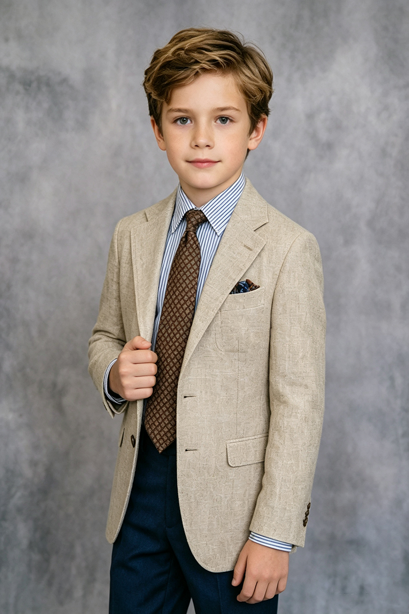 Boys Beige Linen Notch Lapel Blazer & Navy Trousers 2-Piece Suit for Wedding