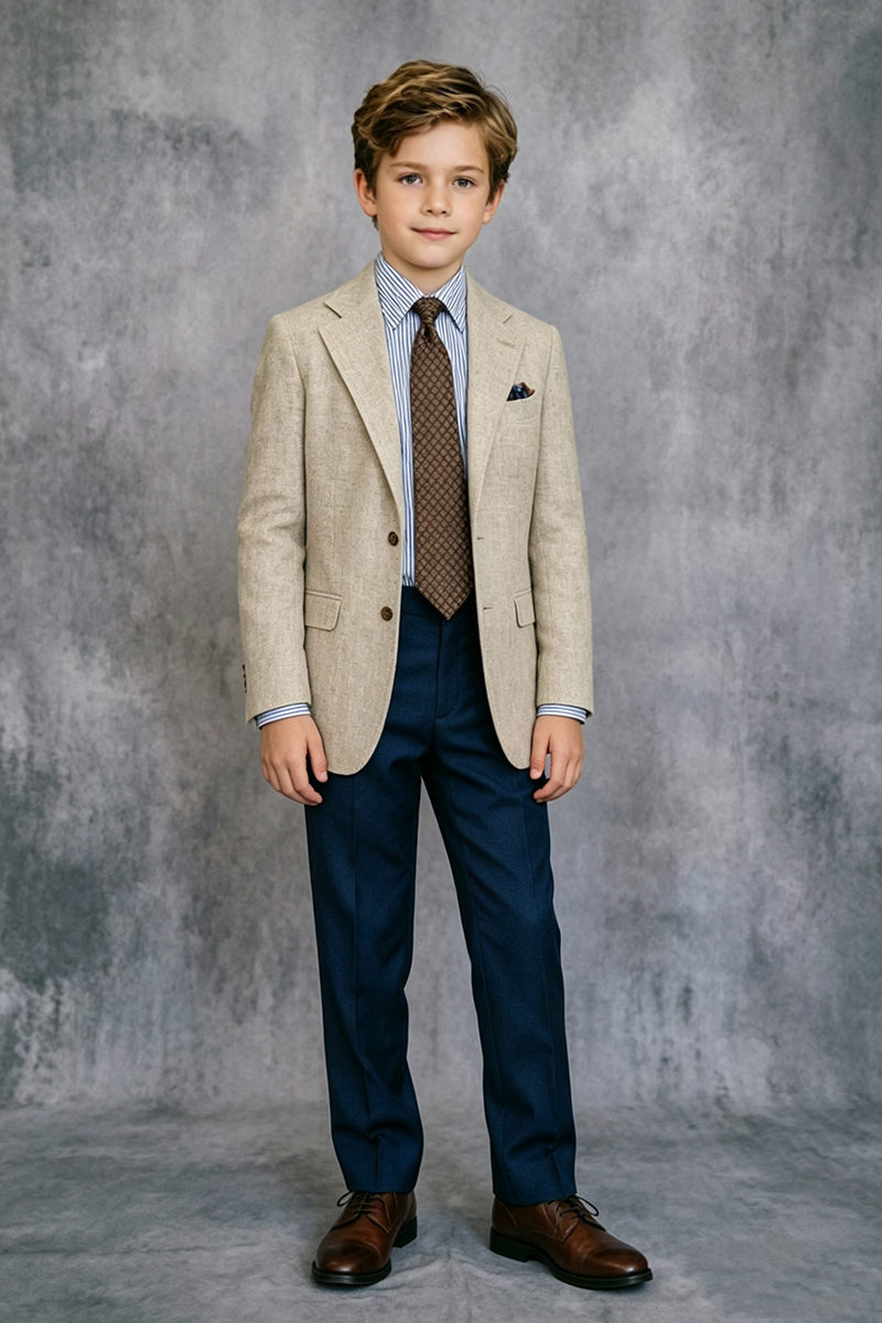 Boys Beige Linen Notch Lapel Blazer & Navy Trousers 2-Piece Suit for Wedding