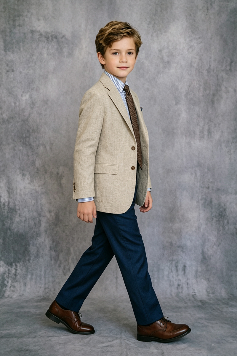 Boys Beige Linen Notch Lapel Blazer & Navy Trousers 2-Piece Suit for Wedding