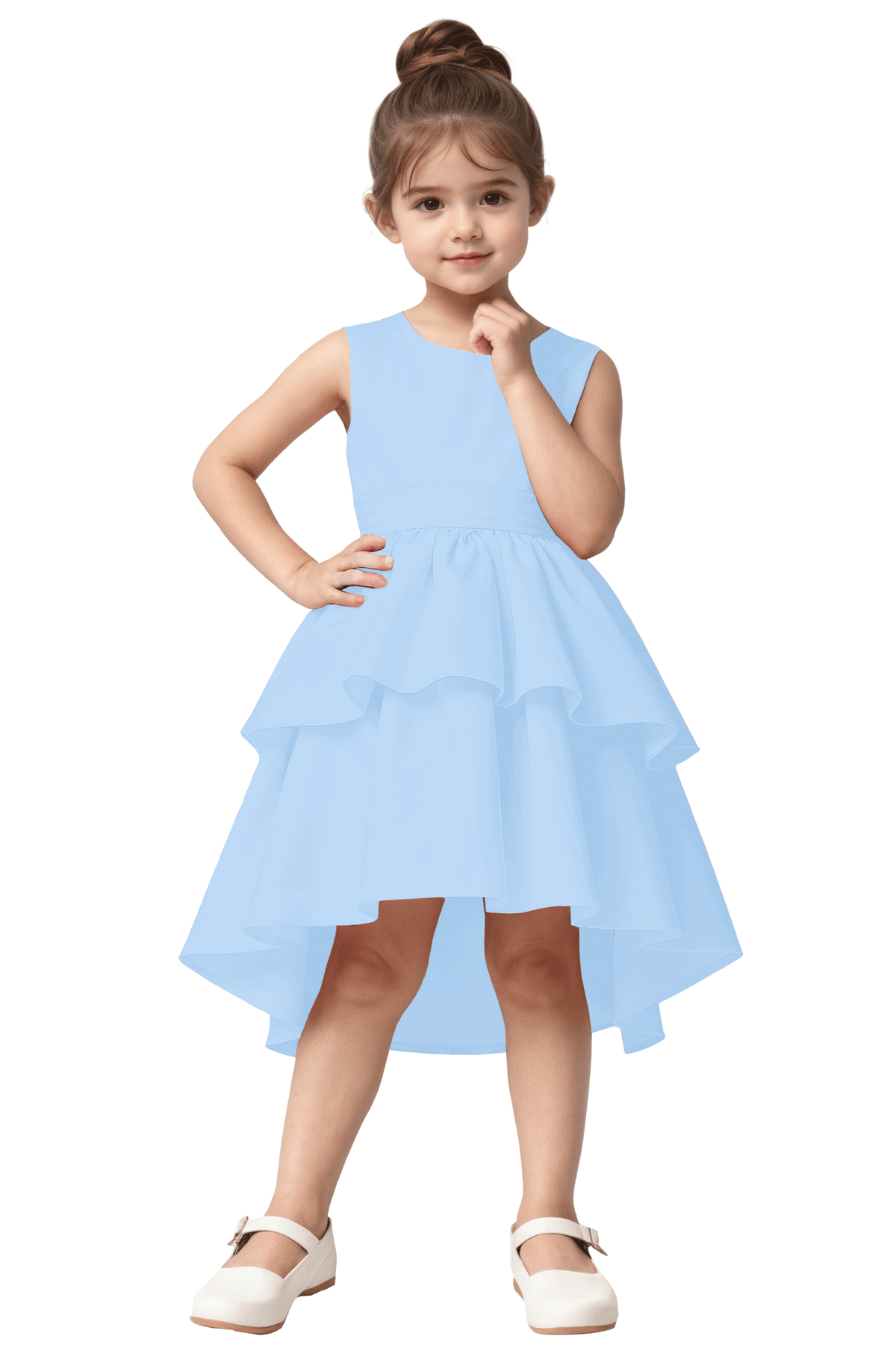 Pink Satin Hi-Low Tiered Cake Skirt Big Back Bow A-Line Flower Girl Dress