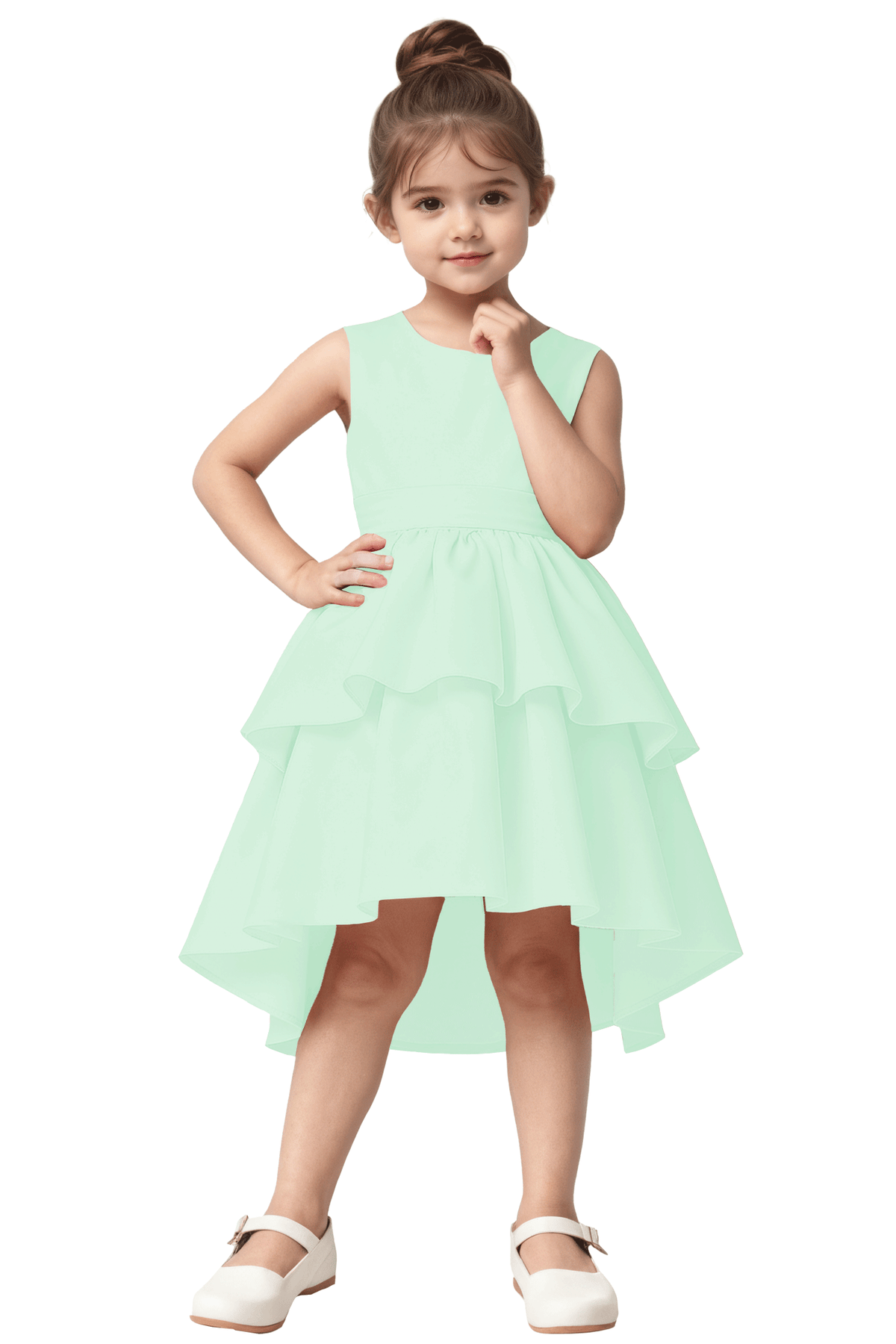 Pink Satin Hi-Low Tiered Cake Skirt Big Back Bow A-Line Flower Girl Dress