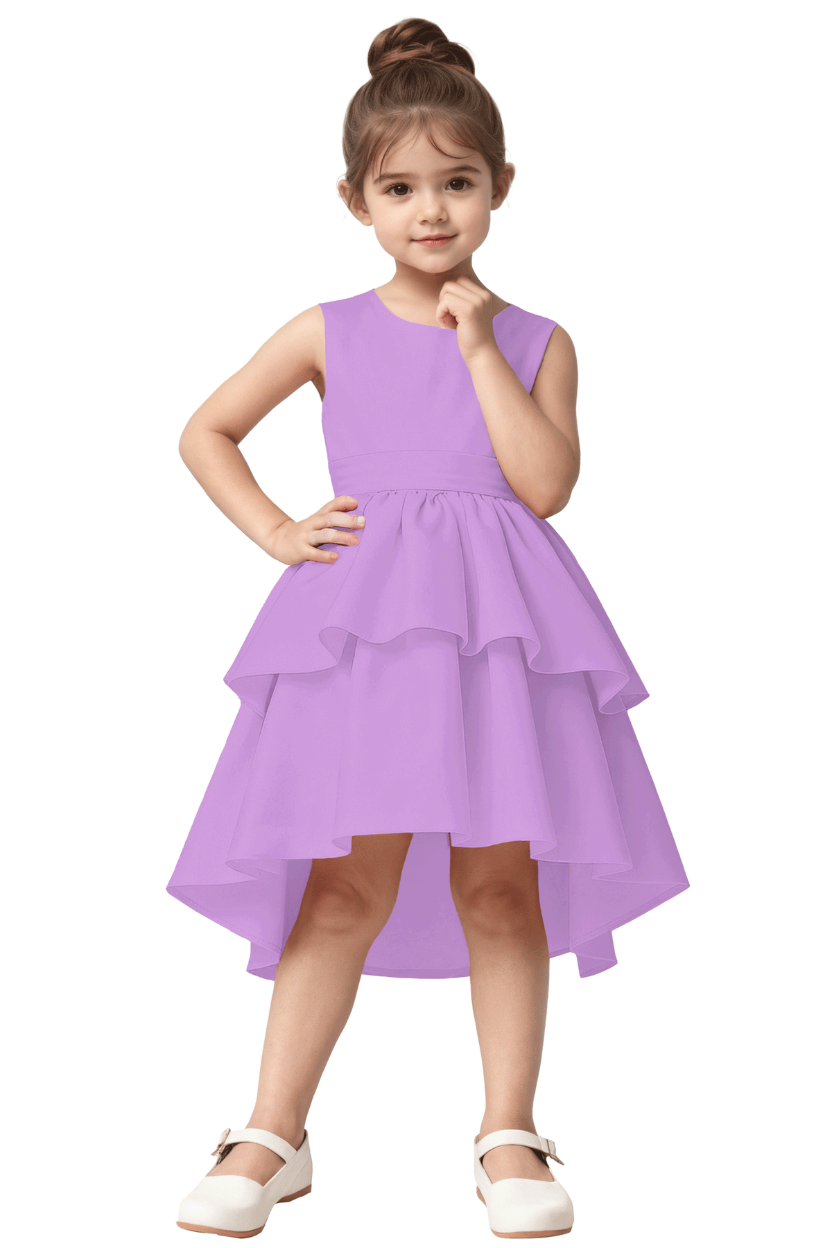 Pink Satin Hi-Low Tiered Cake Skirt Big Back Bow A-Line Flower Girl Dress