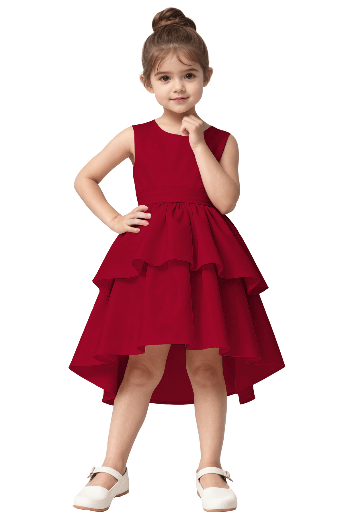 Pink Satin Hi-Low Tiered Cake Skirt Big Back Bow A-Line Flower Girl Dress