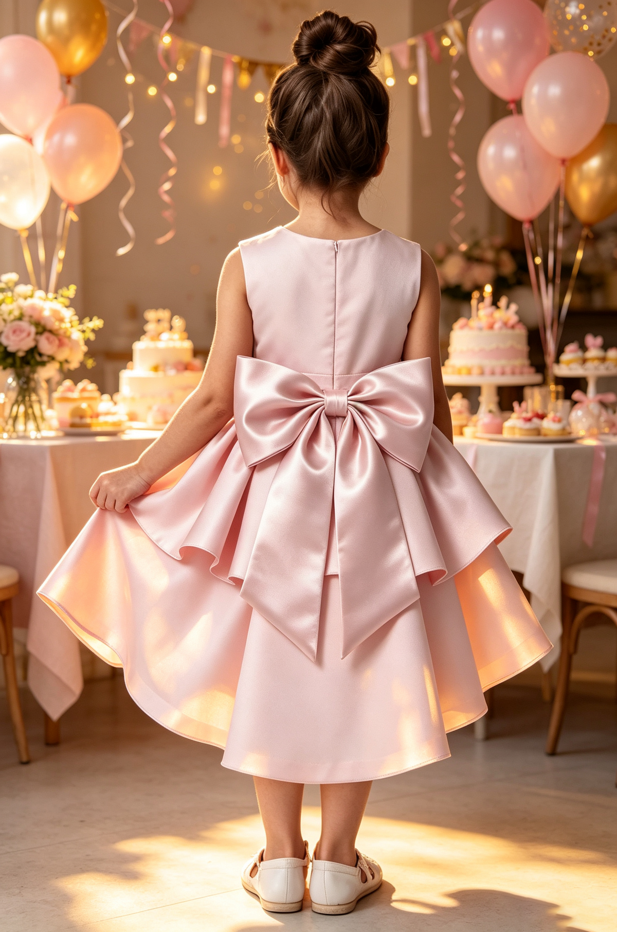 Pink Satin Hi-Low Tiered Cake Skirt Big Back Bow A-Line Flower Girl Dress