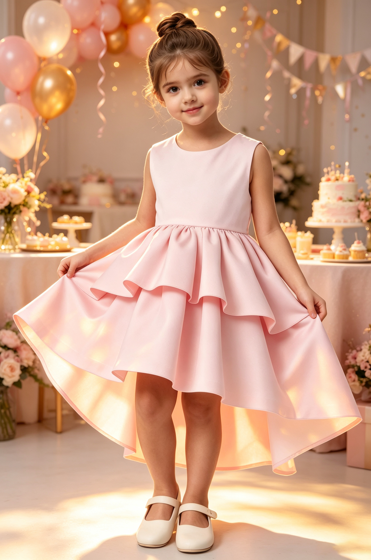Pink Satin Hi-Low Tiered Cake Skirt Big Back Bow A-Line Flower Girl Dress