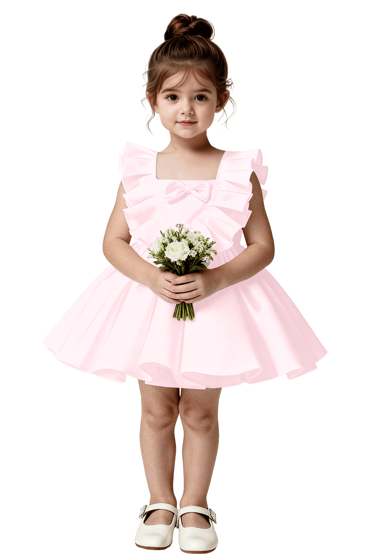 Pure White Ruffle Satin Front Bow Tie-Back Cutout Pleated Flared A-Line Dress