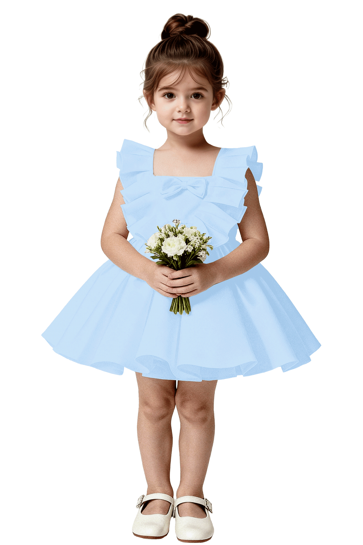 Pure White Ruffle Satin Front Bow Tie-Back Cutout Pleated Flared A-Line Dress