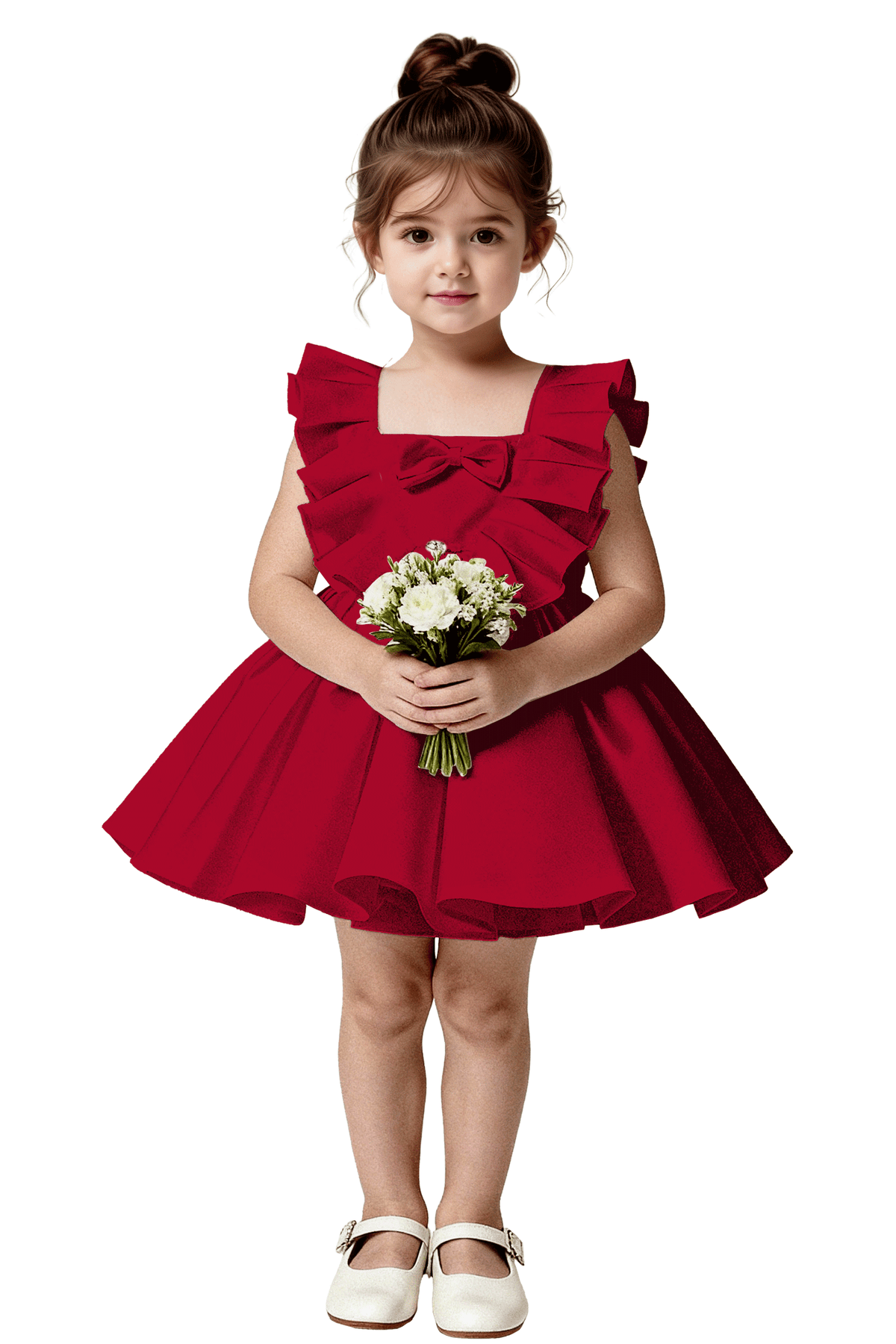 Pure White Ruffle Satin Front Bow Tie-Back Cutout Pleated Flared A-Line Dress