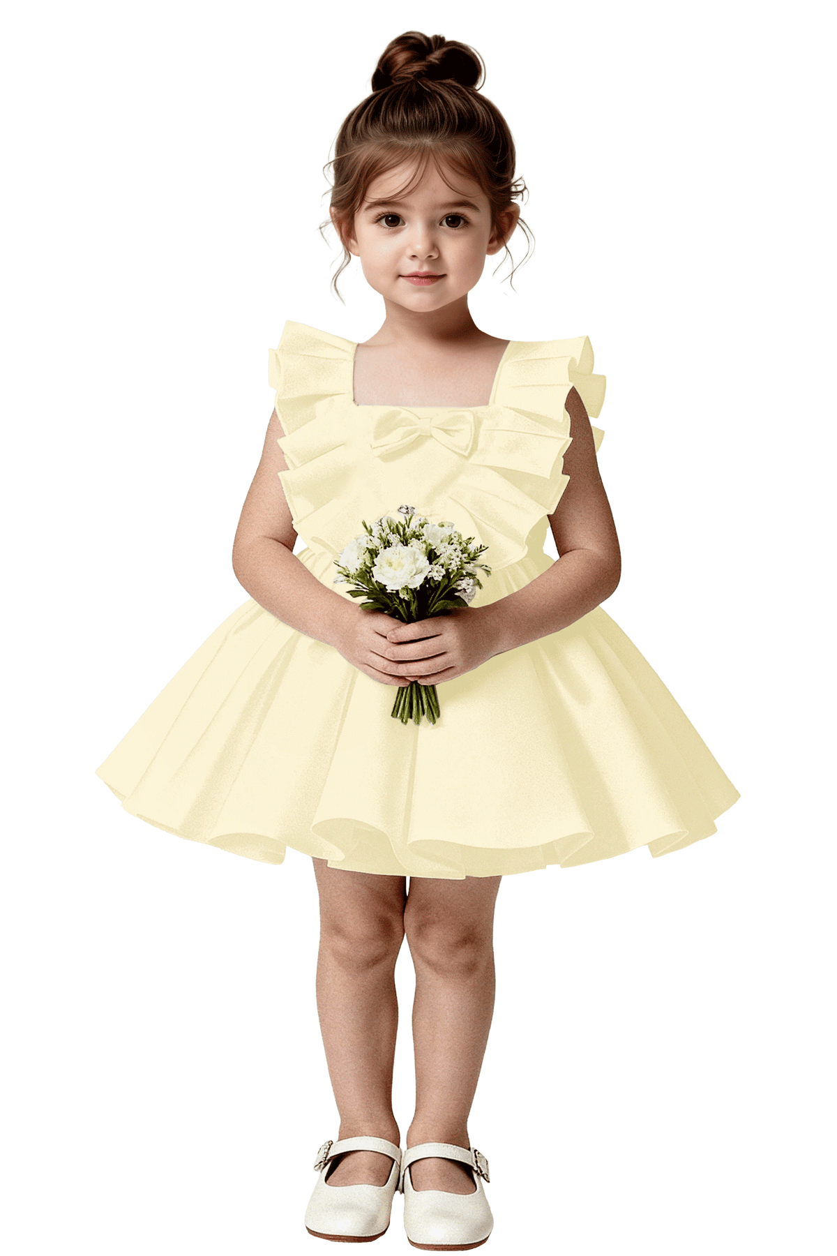 Pure White Ruffle Satin Front Bow Tie-Back Cutout Pleated Flared A-Line Dress