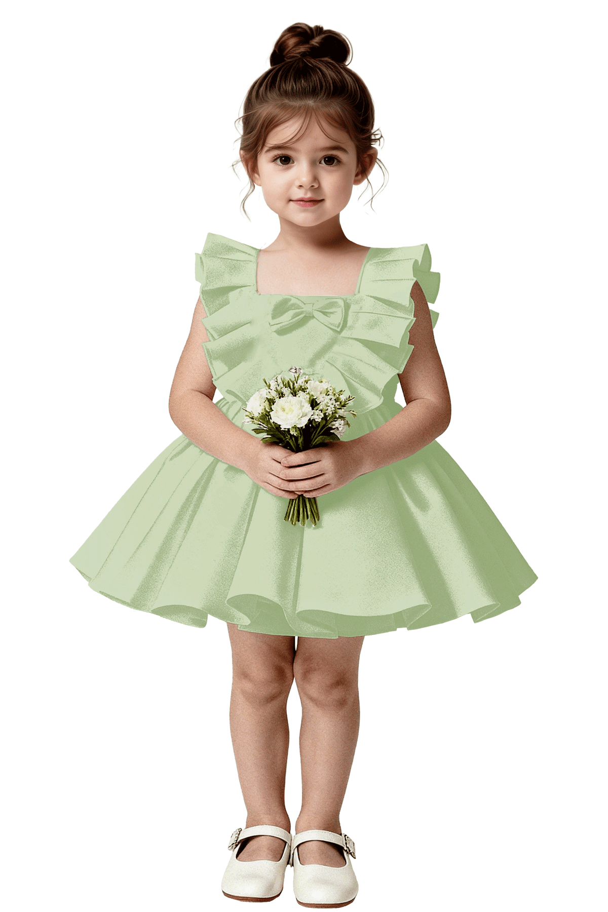Pure White Ruffle Satin Front Bow Tie-Back Cutout Pleated Flared A-Line Dress