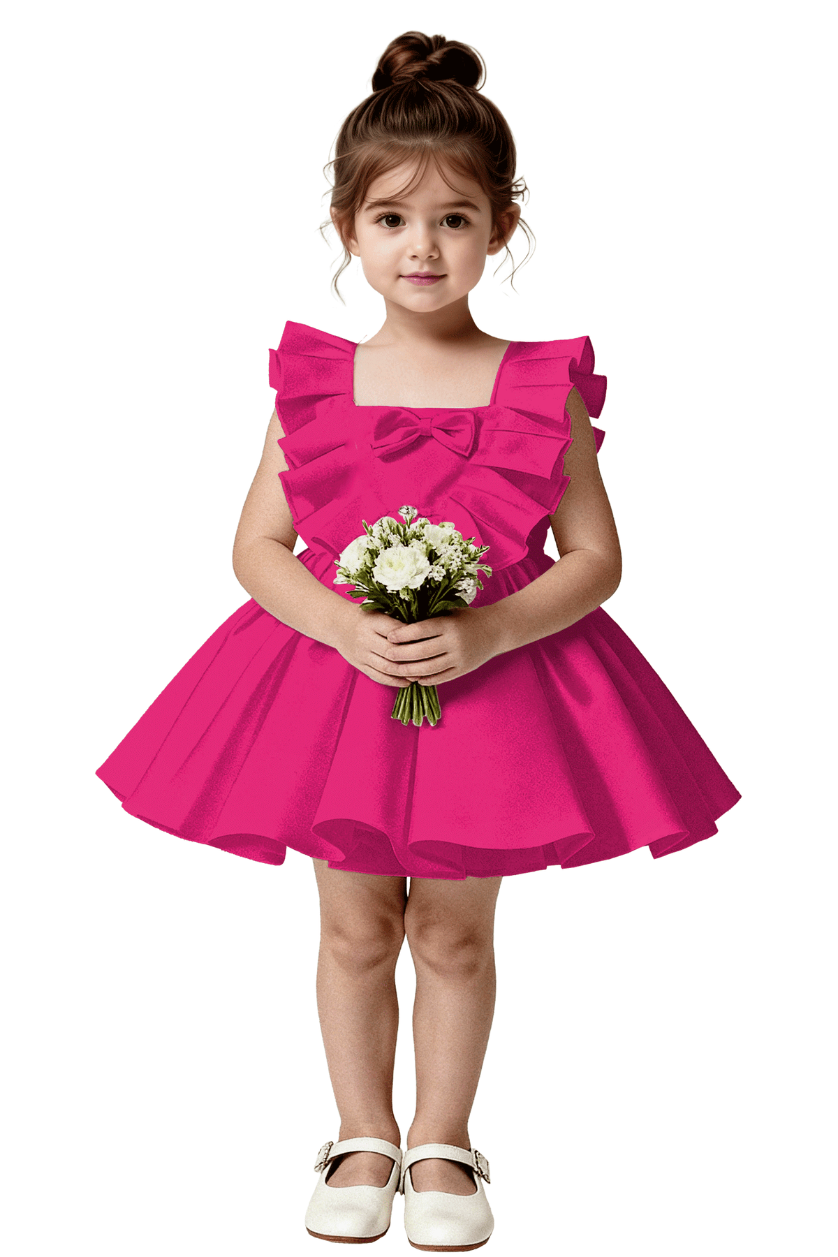 Pure White Ruffle Satin Front Bow Tie-Back Cutout Pleated Flared A-Line Dress