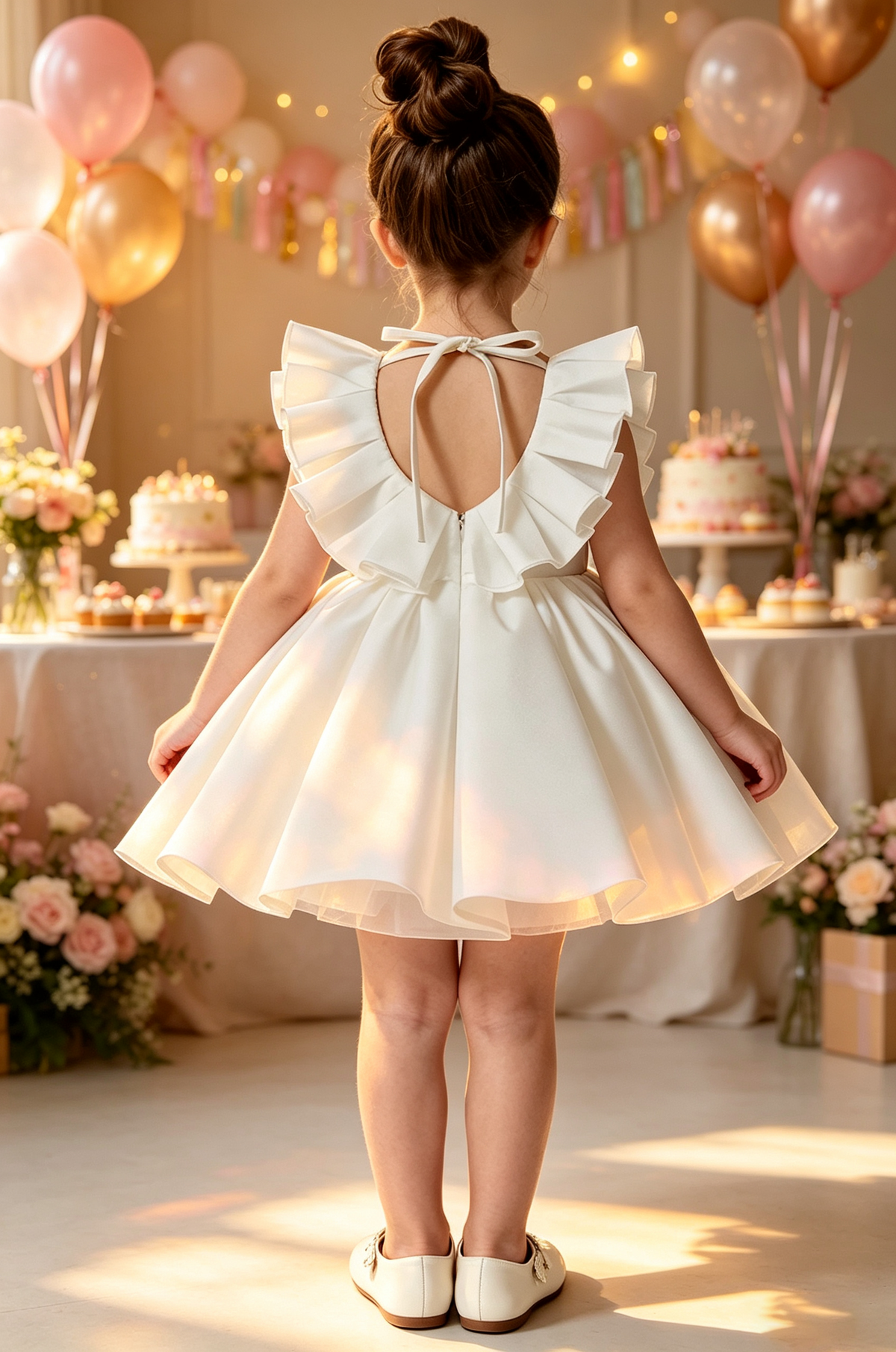 Pure White Ruffle Satin Front Bow Tie-Back Cutout Pleated Flared A-Line Dress