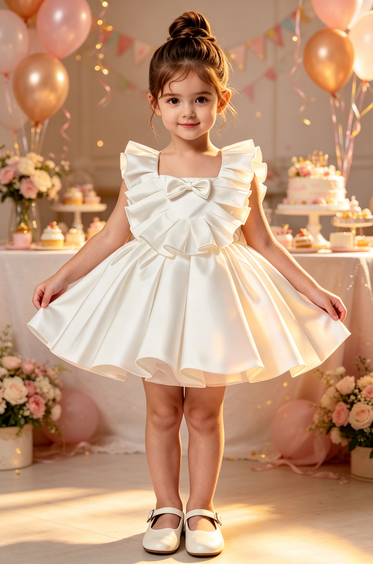 Pure White Ruffle Satin Front Bow Tie-Back Cutout Pleated Flared A-Line Dress